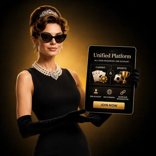 Mujer elegante presentando la plataforma unificada de Casino Infinity en tablet con integración perfecta