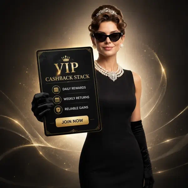 Jugador VIP presentando tarjeta de cashback premium en el salón de bonos de Casino Infinity