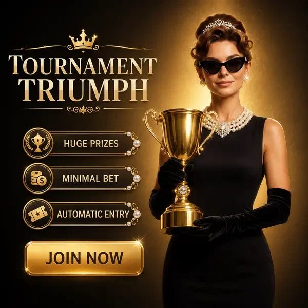 Elegante ganador sosteniendo trofeo dorado en victoria de torneo de la app de Casino Infinity
